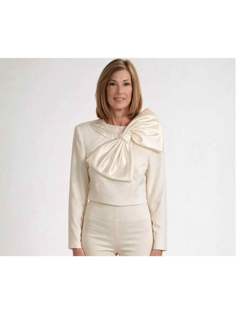 Ronny Kobo Arlet Oversized Bow Crop Top Off White Long Sleeve Blouse Size S NWT